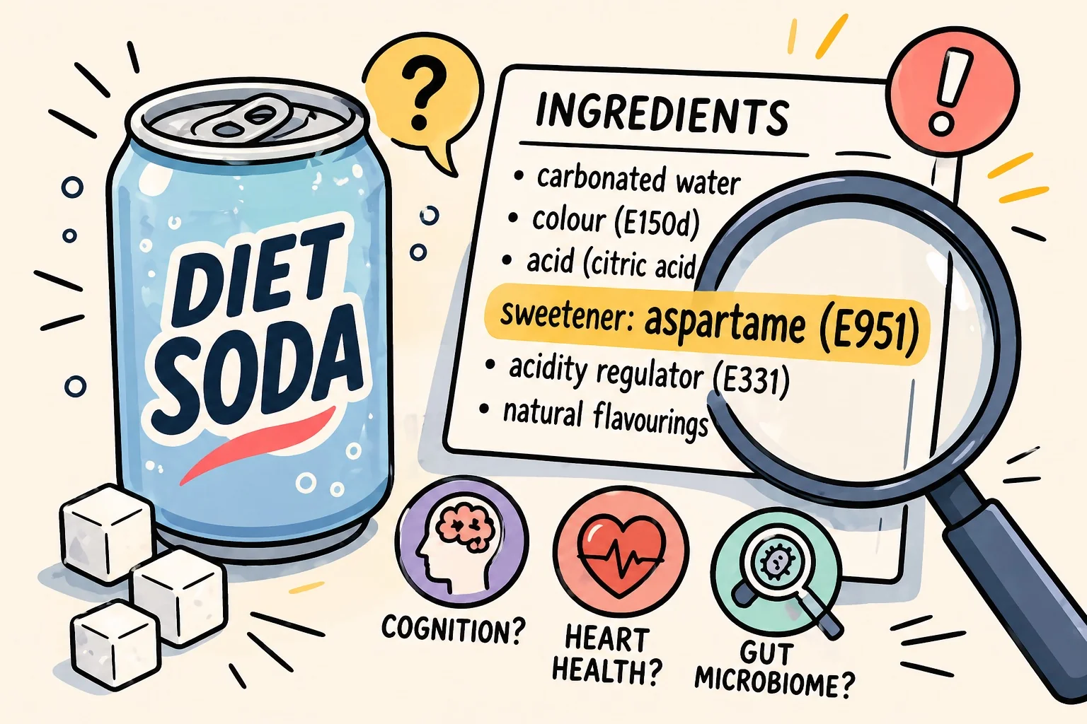 Blikjes en flessen light frisdrank op een keukenwerkblad, ter illustratie van de met aspartaam gezoete producten in het onderzoek van 2025—2026