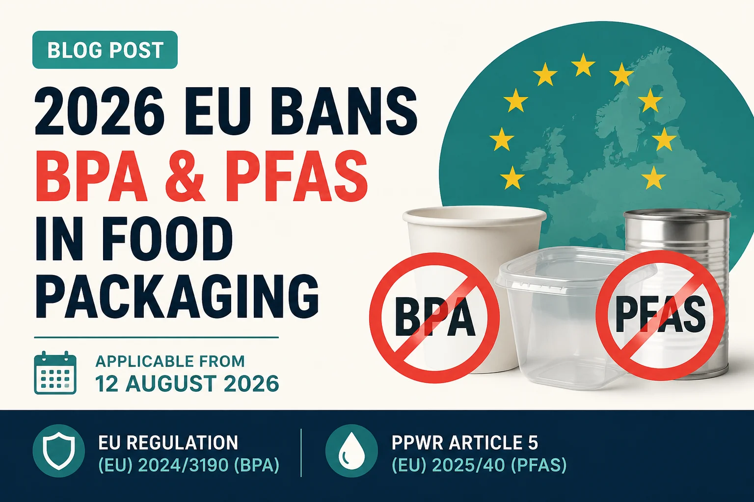 Conservenblikken en vetbestendige fastfoodverpakkingen op een neutrale achtergrond, ter illustratie van de BPA- en PFAS-bevattende voedselcontactmaterialen die in 2026 in de EU verboden zijn