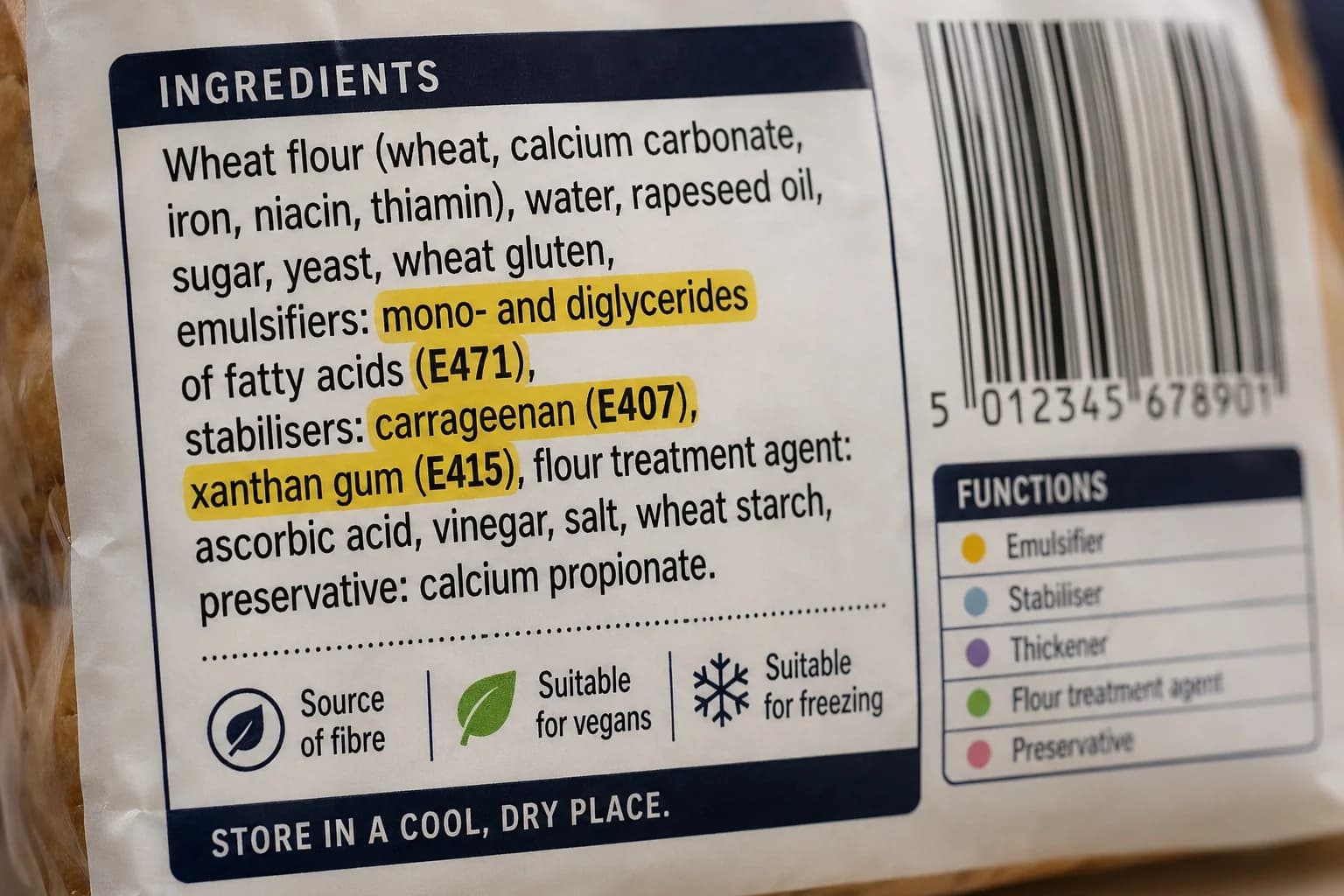 Alledaagse producten die emulgatoren bevatten — brood, ijs, plantaardige melk en yoghurt — in een redactionele flat lay op een houten ondergrond