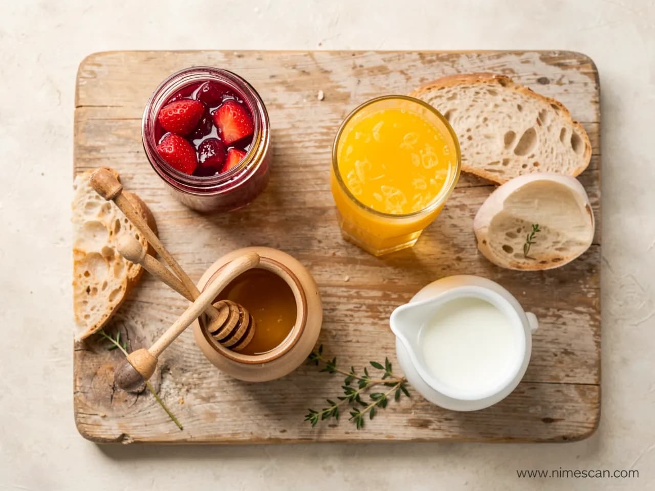 Een flat lay van een continentaal Europees ontbijt op een houten plank — een pot met stukjes fruit jam, een honinglepel, een glas sinaasappelsap en een melkkannetje — ter illustratie van de vier productcategorieën die geregeld worden door de EU-Ontbijtrichtlijn 2024/1438 die op 14 juni 2026 van kracht is