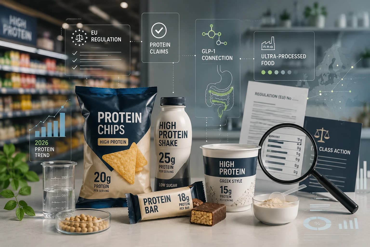 Een opstelling van eiwitrijke verpakte producten — repen, chips, dranken en ontbijtgranen — ter illustratie van de verzadiging van met 'high protein' gelabelde producten in de supermarkt in 2026