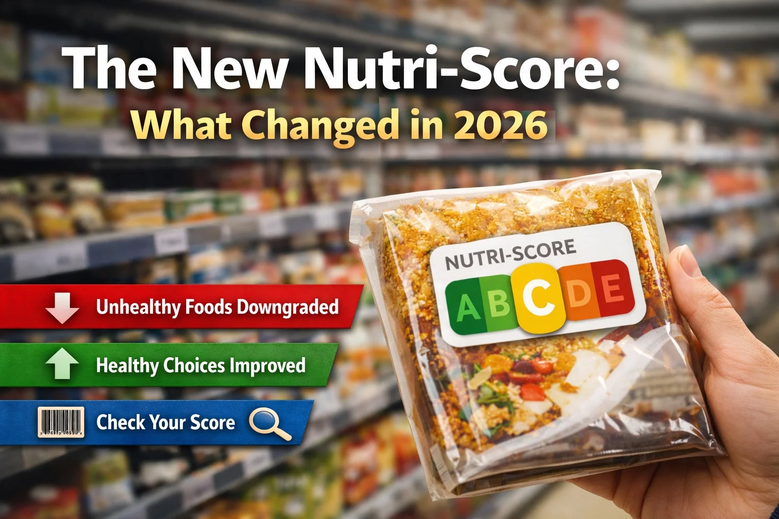 Verpakte producten met het kleurcoderende Nutri-Score-label van A tot E, ter illustratie van het vernieuwde 2026-algoritme en de herwaardering van alledaagse producten