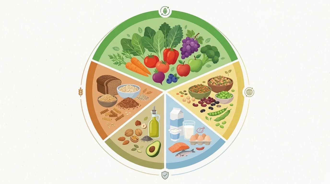 Een compositie van producten uit de vernieuwde Schijf van Vijf van 2026 — peulvruchten, volkoren granen, groenten en zuivel — ter illustratie van de herziene voedingsrichtlijnen van het Voedingscentrum