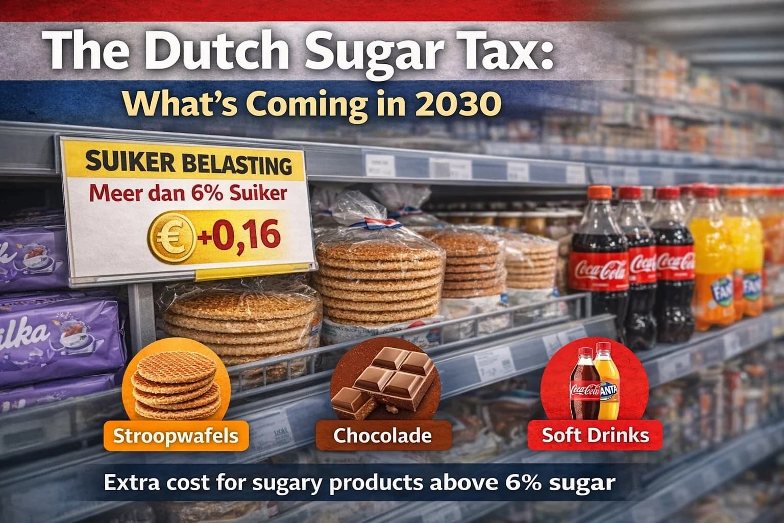 Een bovenaanzicht van suikerrijke Nederlandse verpakte producten — koekjes, snoep en frisdrank — ter illustratie van de producten die geraakt worden door de Nederlandse suikertaks die in 2030 ingaat