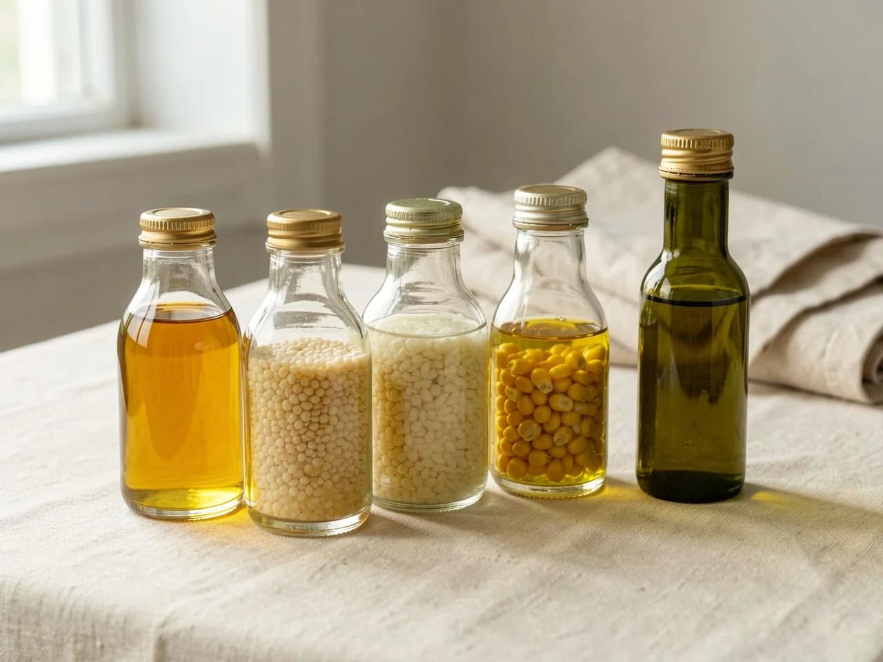 Flessen veelgebruikte zaadoliën — zonnebloem, raapzaad en canola — op een houten ondergrond, ter illustratie van de bakoliën in het centrum van het debat over ontstekingsonderzoek van 2025—2026