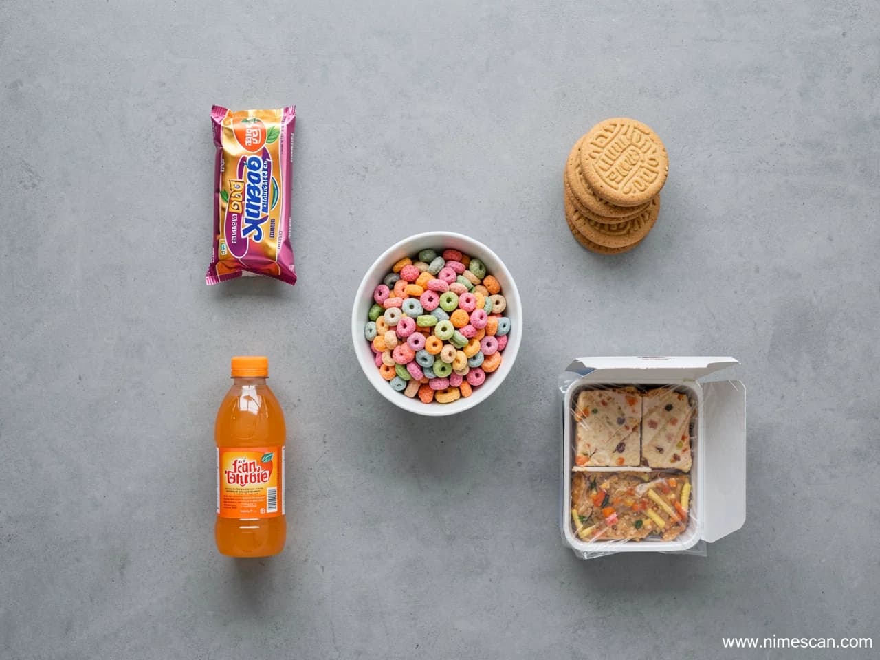 Een redactionele flat-lay van bovenaf met gangbare ultrabewerkte producten — een kom suikerrijke ontbijtgranen, een verpakte snackreep, koekjes, een frisdrankfles en een kant-en-klaarmaaltijd — op een neutraal oppervlak, ter illustratie van de categorieën in het centrum van het European Heart Journal-rapport van mei 2026 over ultrabewerkte voeding